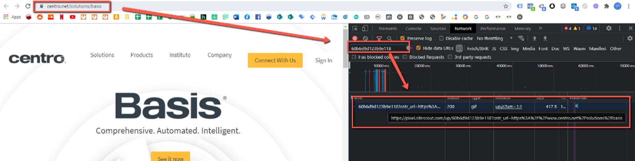 Chrome developer tools showing pixel fires in real time. 